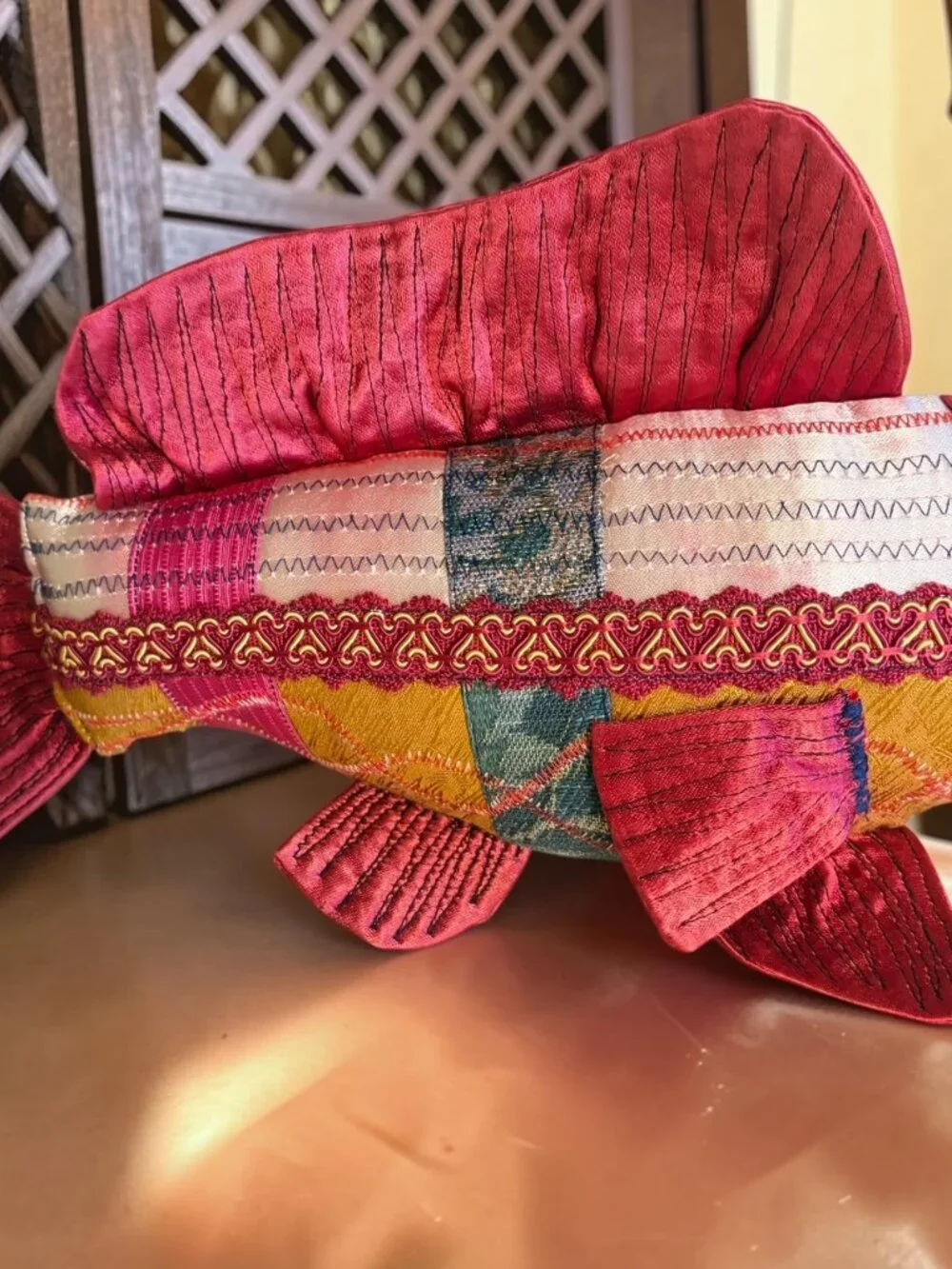 Handcrafted OOAK Brocade Patchwork Fish Koi Folk Art Boho Asian Pillow 12